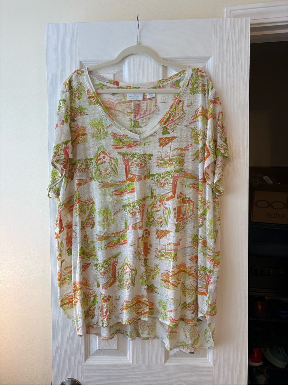 Cynthia Rowley Beige V-Neck Tunic with Green & Orange Scenic Print